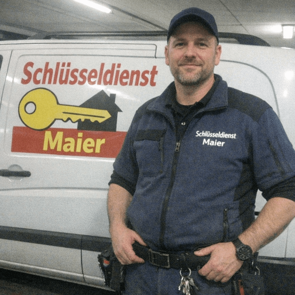 Fachmonteur vom Schlüsseldienst in Meerbusch vor seinem Servicefahrzeug